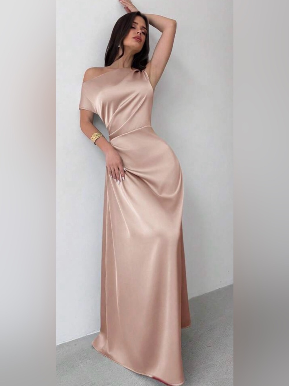 Satin One-Shoulder Maxi  Slip Dress in Blush